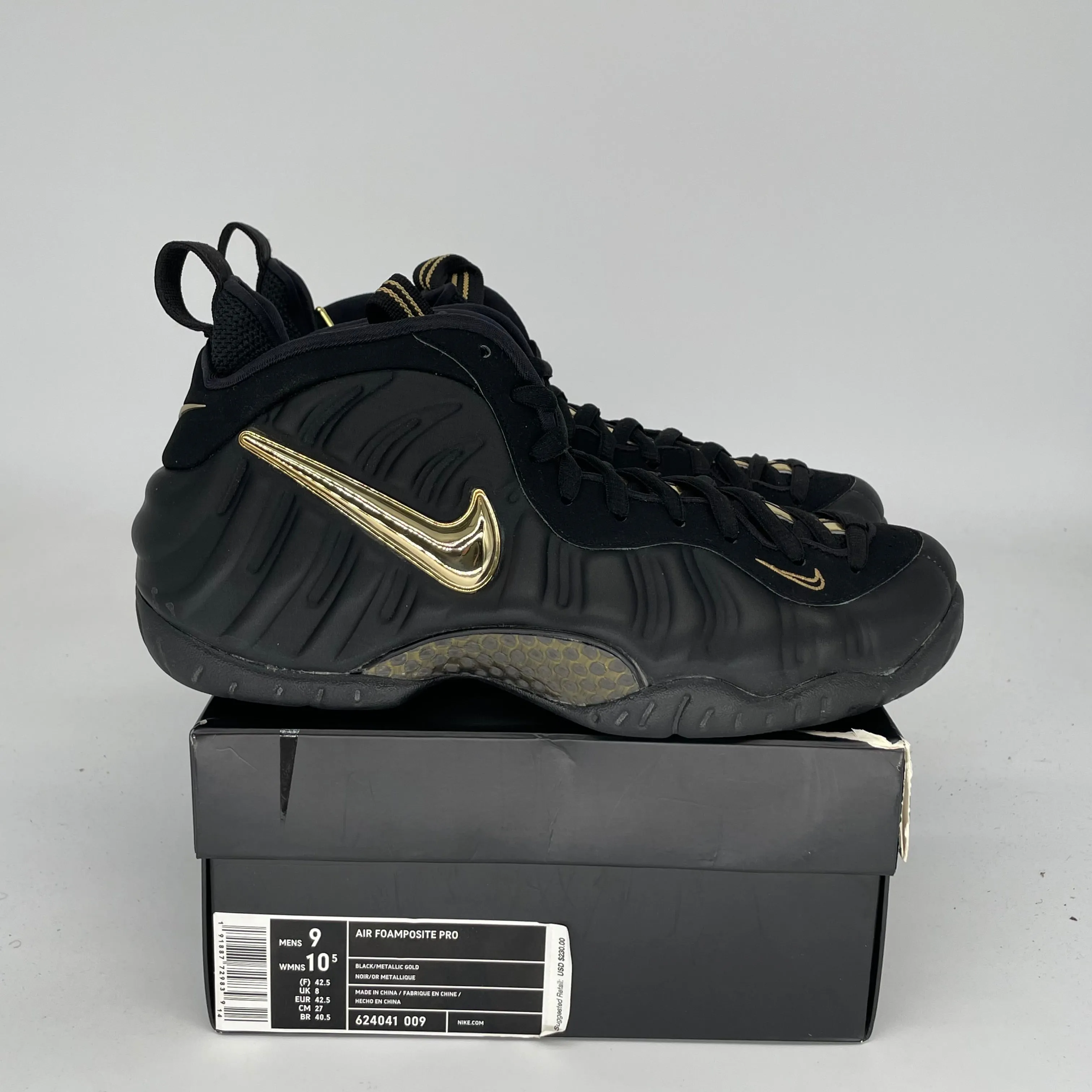 NIKE AIR FOAMPOSITE PRO BLACK METALLIC GOLD SIZE 9 624041-009